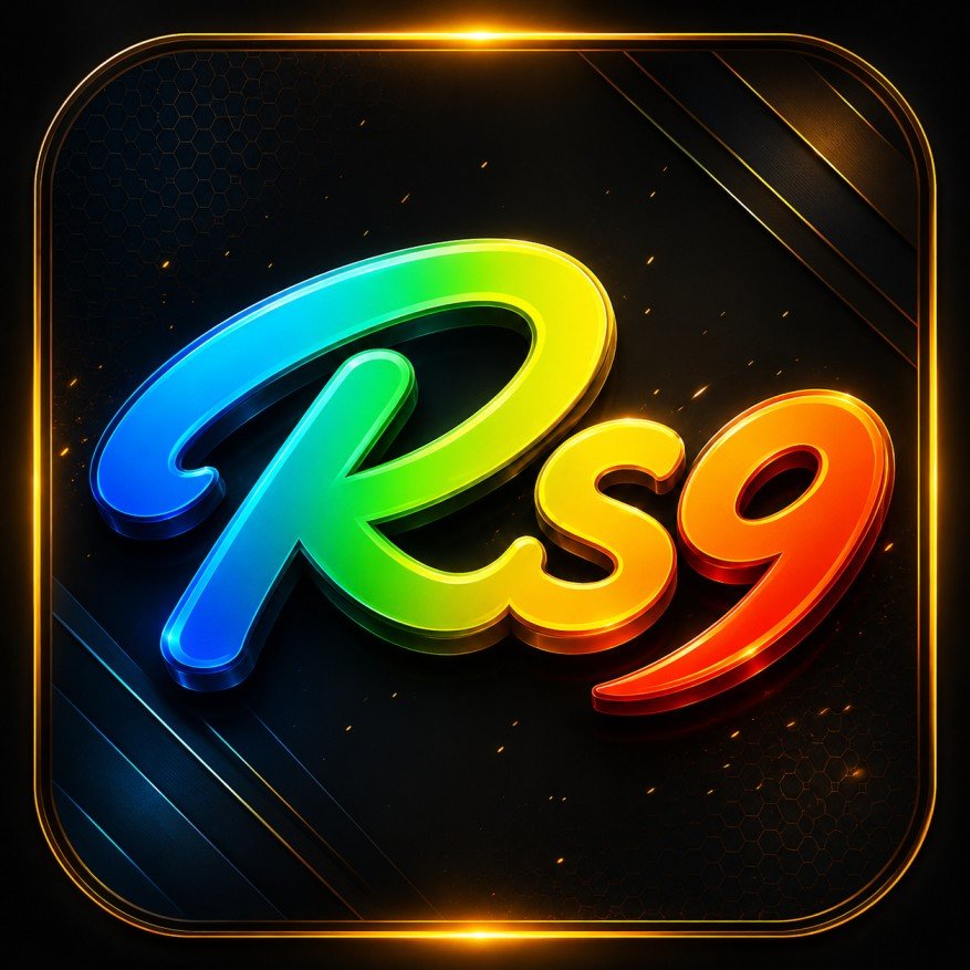 RS9 Game colorful neon 3D logo with glowing golden border and futuristic dark background